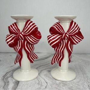 Christmas Bow Candle Stick Holder Red and White Bow